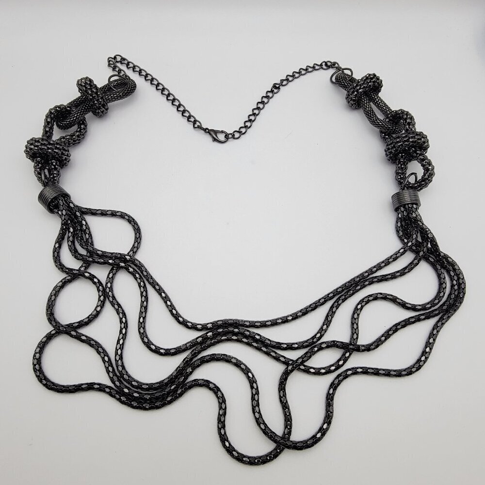 Brutalist Gunmetal Tone Mesh Chain Multi Strand Layered Statement Necklace 33"